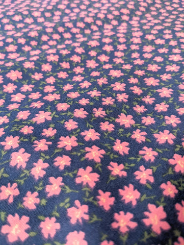 Blue Poly Cotton Fabric, Pink Flower Garden Fabric, Floral Fabric